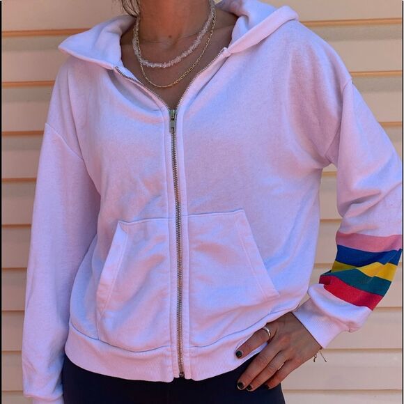 Wildfox white/rainbow decorated hooded zip up sweater, good preowned condition,S - Picture 1 of 16